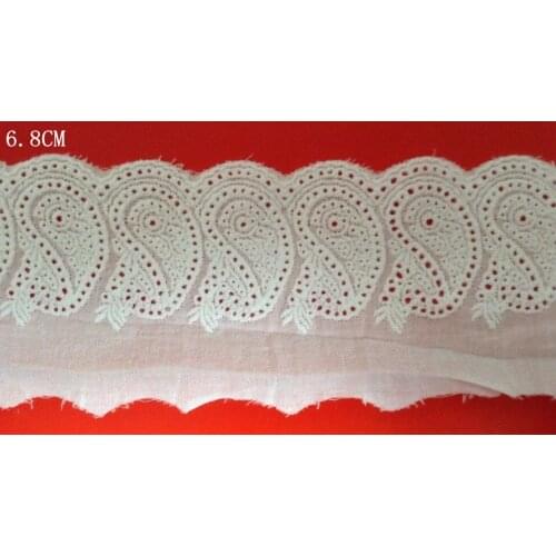 Top quality 6.8cm snow white cotton fabric base cotton hollow-out embroidery lace trim,XERY0207C