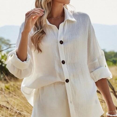 Womens Pajamas 2021 Summer White Thin Long-sleeved Shorts Female Pajamas Tracksuit Casual Outfit Suits 2 Piece Sets Homewear