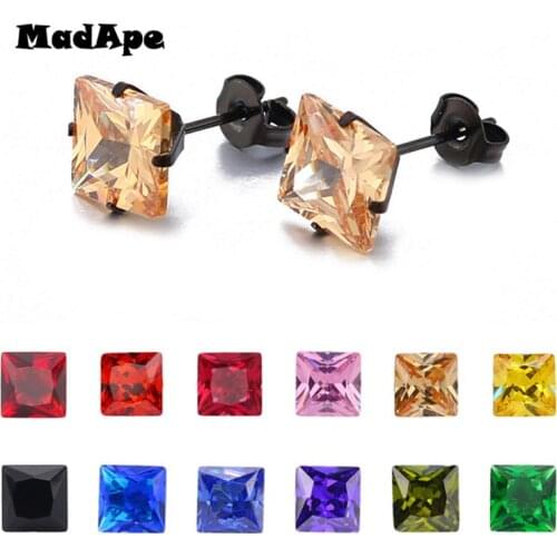 MadApe Stainless Steel 3-8mm Square Crystal Earrings Black Color Stud Earrings For Women & Girl Trendy Ear Jewelry bijoux