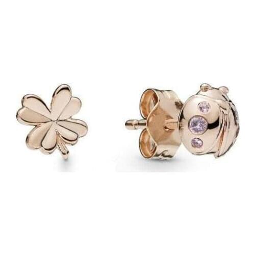 Genuine 925 Sterling Silver Pan Earring Rose Four Leaf Clover And Ladybird Stud Earrings For Women Wedding Fashion Jewelry