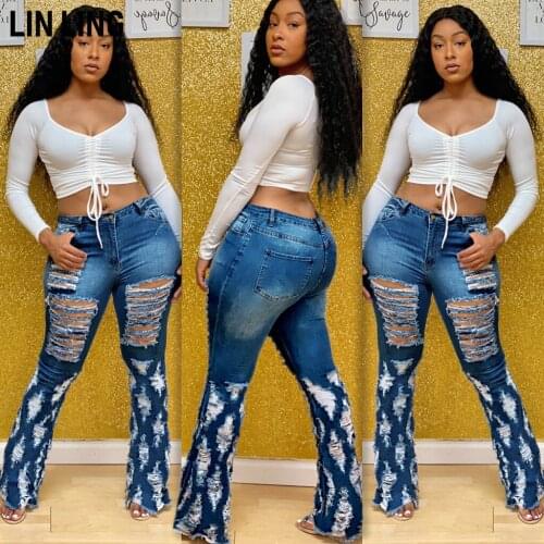 LINLING Female High Waisted Slim Hole Buffing Pocket Denim Pants Jeans Casual Micro Flared Pants