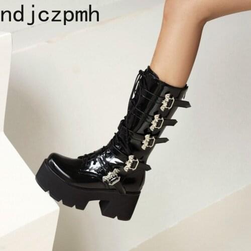 Chunky Platform Heels Pu Leather Knee High Boots Women Retro Punk Long Boots Woman Booties Mujer 2021New Fall Plus Size 35-44