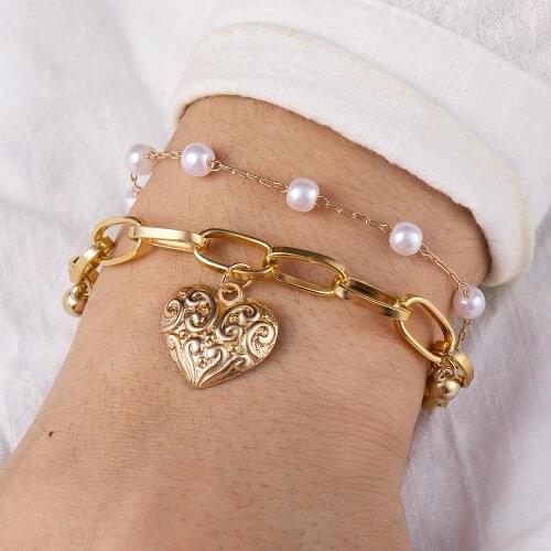 Bohemian Gold Heart Miami Thick Chain Bracelet Statement Female Korean Pearl Love Charm Layered Bracelet&Bangles Fashion Jewelry