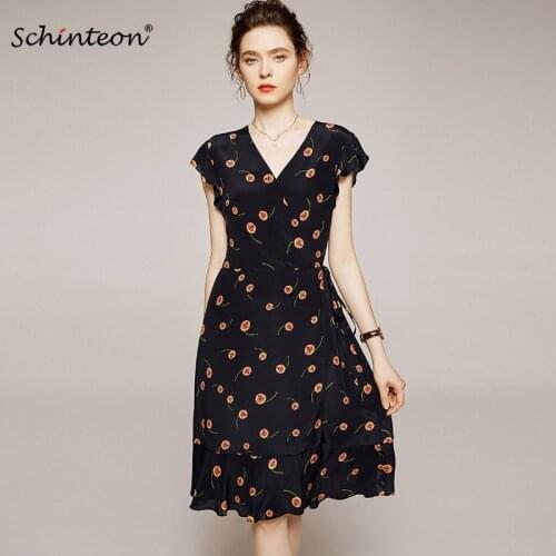 Schinteon 100% Real Silk Fruit Print Dress V-Neck Collar Elegant A-lined Slim Black Knee Length Dresses for Women 2020 Summer