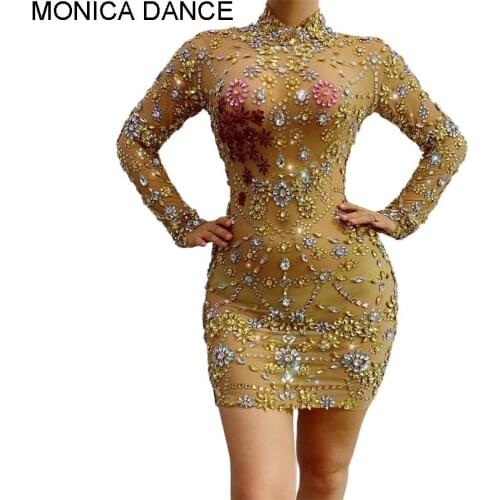 Women Sexy Rhinestones Birthday Celebrate Prom Party Wedding Dress Bodycon Short Mesh Dress Long Sleeve Singer Stage Wear