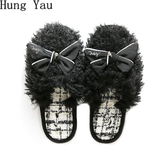 Winter Women Slippers Butterfly-knot Warm Indoor Flips Flops New Fashion Platform Female Slides Non-slip Flat Home Comfortable