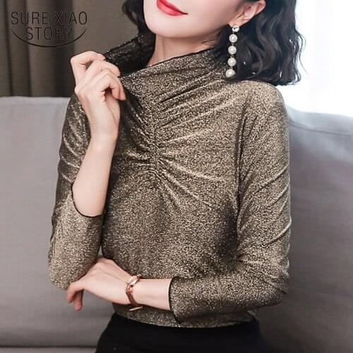 Gold and Silver Silk Pleated Turtleneck Shirt Women Autumn and Winter Long-Sleeved Bottoming Shirt Mesh Tops Plus Size 4XL 11434