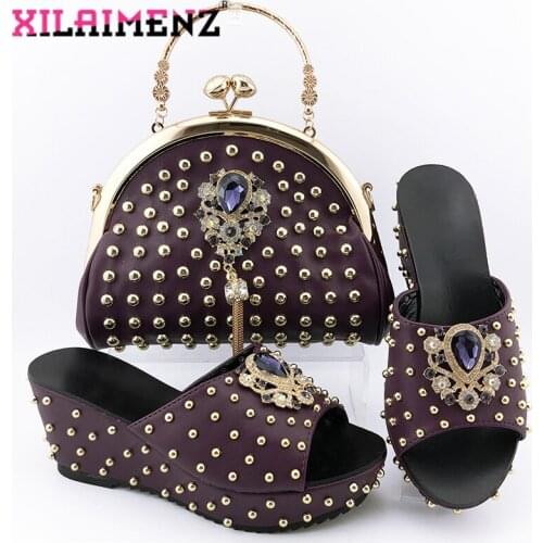 2020 Elegant Italian Ladies Shoes Matching Bag with River Slingbacks Slipper Super High Heels Shoes and Bag Set in Dark Purple