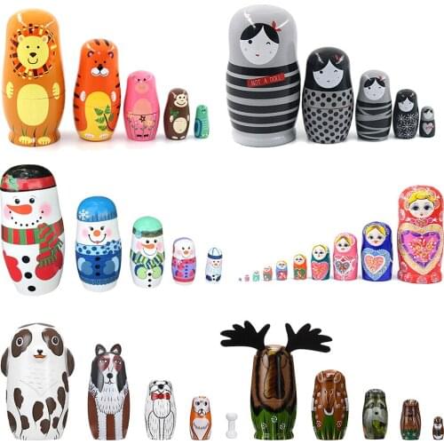 5pcs Cartoon Tiger Wooden Russian Matryoshka Dolls Nesting Kids Toy Handmade Art Crafts Painted Nesting Dolls for Children Gifts