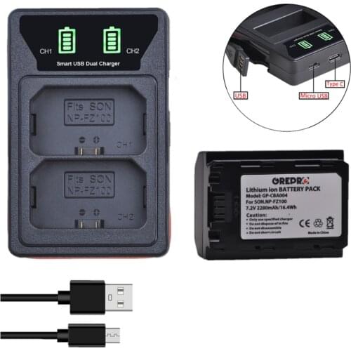 2280mAh NP-FZ100 NPFZ100 Battery + NP FZ100 Charger with USB and Type-C Port for Sony FZ100, Alpha a7 III, a7R III, a9, 9R, A9R