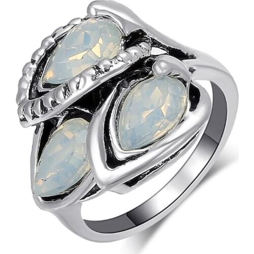 Antique Silver Plated Layer Water Drop Opalite Opal Finger Ring Attractive Design Jewelry