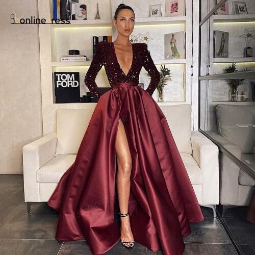 Burgundy Prom Dress Sparkly Sequined Long Prom Dresses V-Neck A-Line Split Full Sleeve Party Gowns Vestido de festa