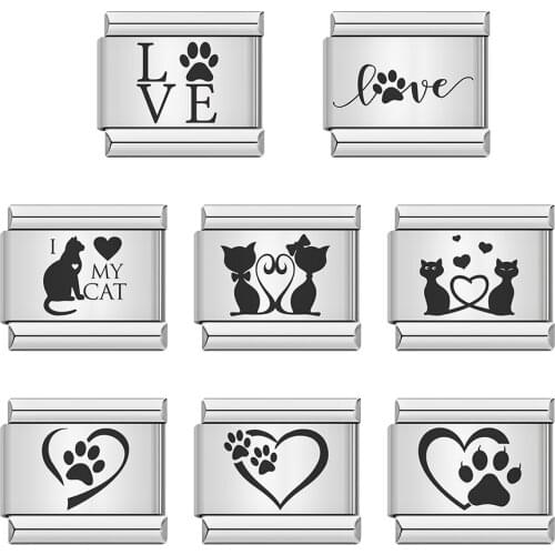 Hapiship Fashion Romantic Heart Love Cat Dog Footprint Charm Links Fit 9mm Stainless Steel Bracelet Jewelry DIY Making DJ296