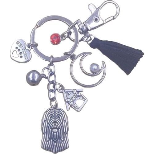 Briard Dog Animal Cute Moon Style Keychain Key Ring Pet Tassels Vintage Silver Color Bohemian Women Men Jewelry Gift K126+K128