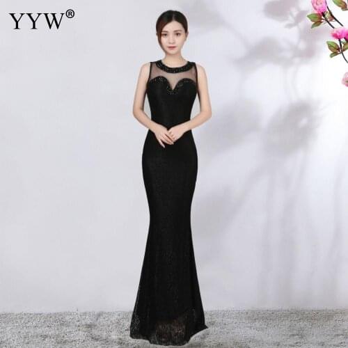 Black Floral Lace & Transparent Mesh Diamonds Evening Party Dress Tank Sleeveless Long Formal Dress Elegant 2020 Sexy Club Dress
