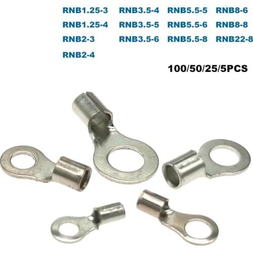 Ring Bare Cord End Crimp Terminals Electrical Naked Wire Cable Connector RNB1.25~RNB22 Ferrules 0.5-25mm2 22-4AWG 100/50/25/5Pcs