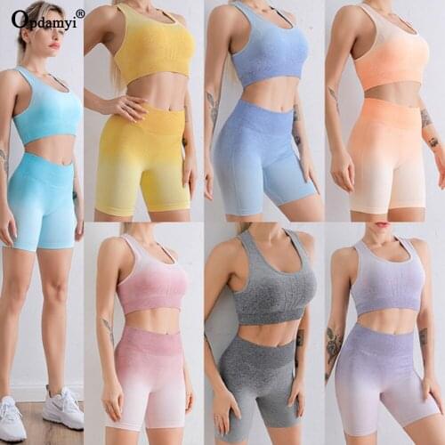 Ombre Fitness Yoga Set Women Gym Clothing Sports Bra High Waist Shorts Yoga Suit Female Seamless Workout Tracksuit 2Piece Outfit