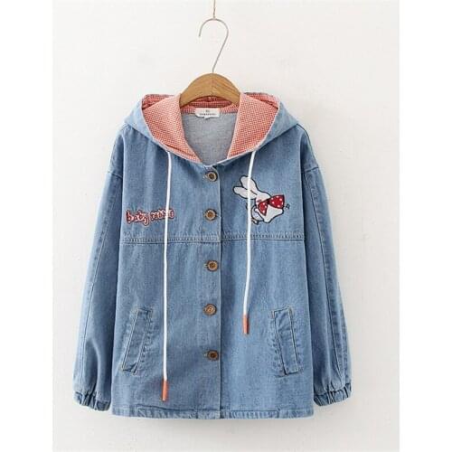 Teens Girl Vintage Denim Jacket Women College Cartoon Rabbit Embroidery Zipper Jean Harajuku Kawaii Cute Casual Thin Hooded Coat