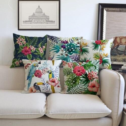 Nordic Style Tropical Plants Leaves Flower Parrot Toucan Monstera Pattern Linen Pillow Case Home Office Decorative Cushion Cover