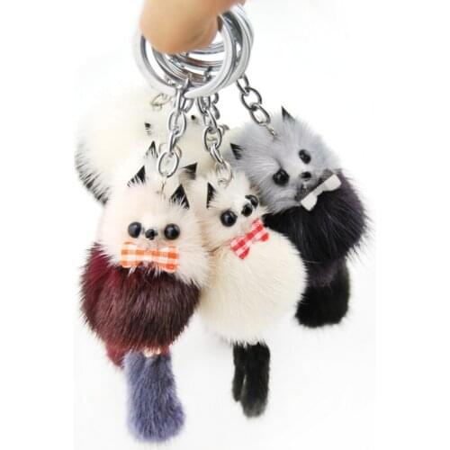 Cute Fluffy Raccoon Key Chain Women Bag Charms Genuine Mink Fur Pompom Bear Key Ring Pompon Toy Plush Doll Car Key Holder Gift