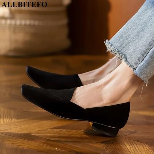 ALLBITEFO Fashion street walking shoes suede comfortable genuine leather women heels shoes girls office work low heel shoes