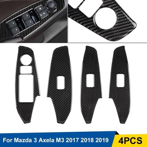 4Pcs Real Carbon Fiber Door Window Lift Switch Cover Trim For Mazda 3 Axela M3 2017 2018 2019 Car Interior Decoration Protection