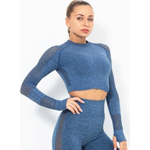 Nylon Knitted Hollow Yoga Top Long Sleeve Fitness Top Women Fitness Gym Crop Top Sports Gym Shirt Sportswear