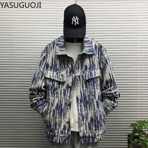 YASUGUOJI New 2021 Hip Hop Fashion Snow Printed Jeans Jacket Men Cotton Casual Streetwear Loose Style Denim Jacket Coat for Men