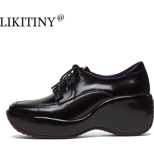 NEW LIKITINY Fashion Autumn Thick Bottom Women‘s shoes Classics Comfortable Cross Lacing Wedges Platform Leather Casual Shoes