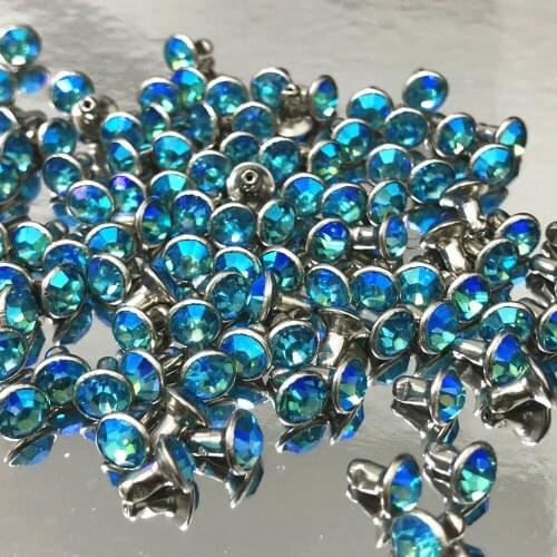 New 6MM 50Sets CZ++ Aquamarine Crystal AB Plated Rivets Silver Plated Studs Assorted Cabochon Rivets Fit for Leather-Craft