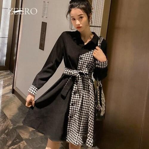 Autumn Winter Female Lapel Lantern Sleeve Single-breasted Belt Dress for Women Plaid Splicing A-Line Midi Dresses Oversize L-4XL