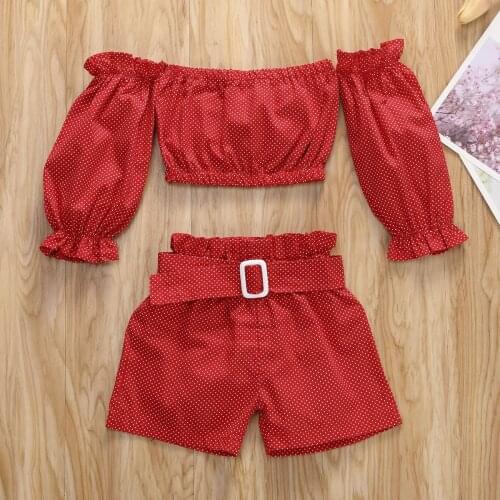 1-5Y Fashion Girls Clothes Sets Kids Summer Long Sleeve Off Shoulder Crop Tops Shorts 2pcs Outfits Childrens Clothing