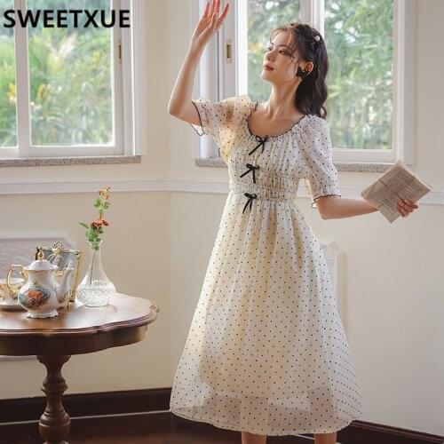 SWEETXUE 2021 Summer Retro French Sweet Polka Dot Women Dress Cute Embroidery Bow Princess Lady Korean Style Vestidos Fldas