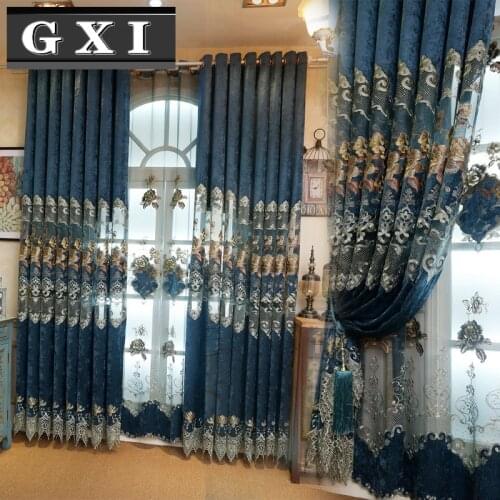 European Luxury Semi-Blackout Curtains For Living Room Chenille Waterfall Hollow-Out Floral Embroidered Tulle Decor Drapes