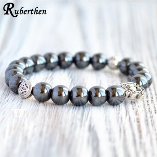 Ruberthen Men`s Hamsa Hematite Energy Bracelet 8mm Hematite Lotus Yoga Bracelet Heart Chakra Beads Bracelet Best Gift for Him