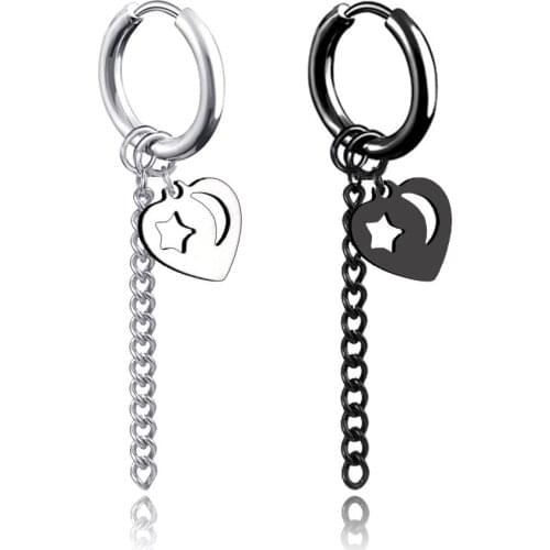 Non pierced Punk Black stainless steel tassel drop earrings for man women long chain heart pendant hip hop jewelry brincos 2020