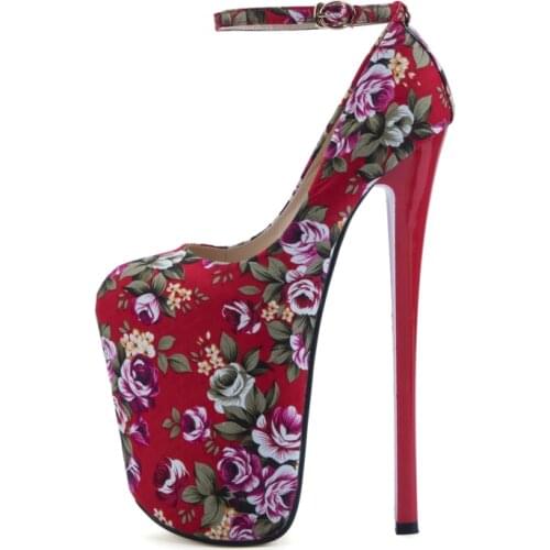 22cm Extreme High Heels Platform Shoes Large Size 44 45 Fashion Flower Ankle Straps Womens Heels Pumps Rounded Toe Women Shoes