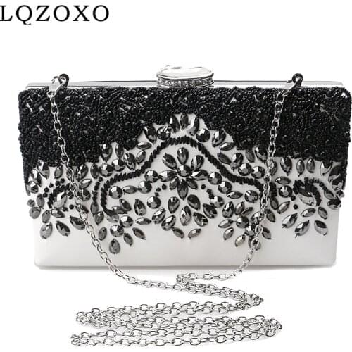 Vintage Style Beaded Women Evening Bags Black Color PU Fashion Lady Clutch Purse Wedding Party Dinner Gift Purse