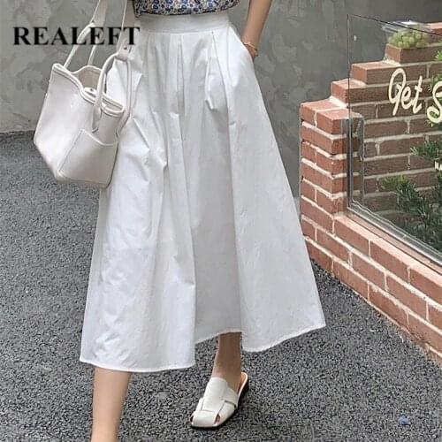 REALEFT 2021 New Spring Summer Pockets Elegant Womens Midi Skirts Solid Female High Waist A-Line Umbrella Casual Korean Skirts