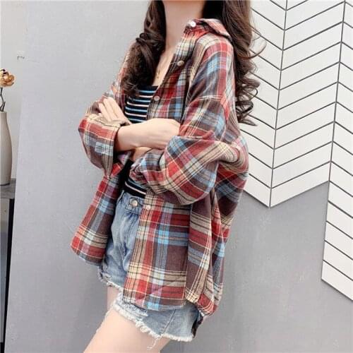 2021 New Spring Autumn style Korean retro Hong Kong flavored POLO collar hit color plaid sanded loose coat shirt women trend