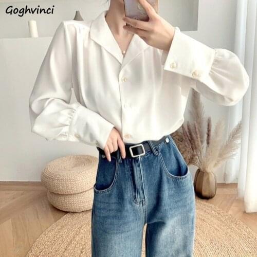 Women Blouses Solid Casual Shirts Office Ladies V-neck Lantern Long Sleeve Elegant Korean Style Fashion Simple All-match Ulzzang