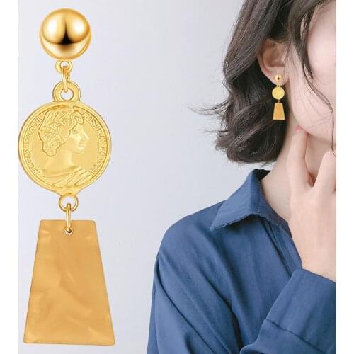 Women Asymmetric Geometric Coin Circle Pendant Alloy Earrings Party Jewelry Circle Pendant Alloy Earrings Party Jewelry Circle P