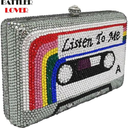 Crystal Evening Bags Wedding Party Diamond Box Minaudiere Handbag and Purse Listen2me Cassette Tape Clutch Women Shoulder Bags