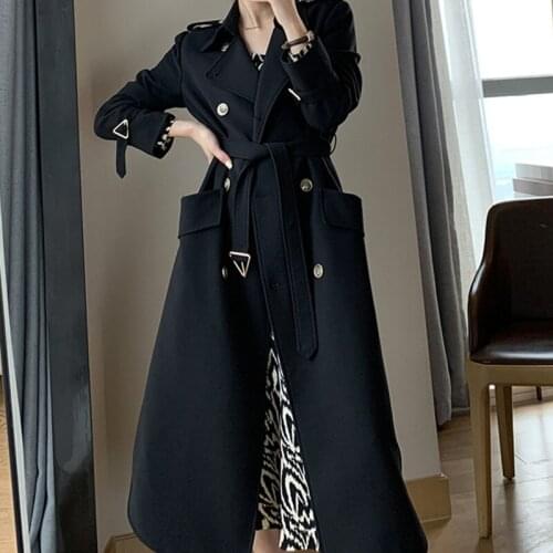 Temperament Black Trench Coat Women Clothing 2021 New Korean Spring Autumn Fashion Mid-Length Loose Goddess Fan Windbreaker Coat