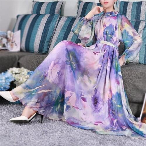 Bohemian Runway Maxi Dress Plus size Womens Long Sleeve ruffle Collar Vintage Floral Print Chiffon Party Holiday Long Dress