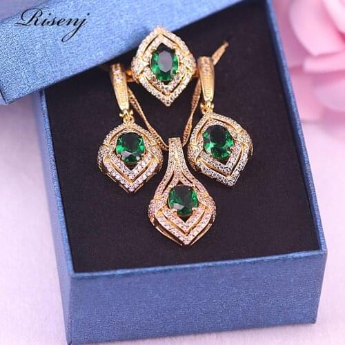 18K Gold Jewelry Egg Green Stone Jewelry Set For Women Drop Earrings Adjustable Ring Necklace With Pendant Set Free Shipping