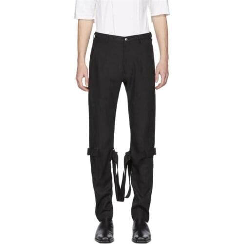 Black lace up straight trousers casual men