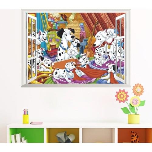 Dalmatian childrens room 3D fake window bedroom background wall stickers decorative mural baby green wall stickers