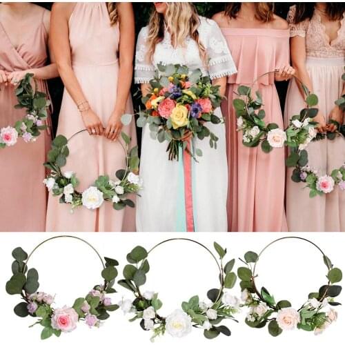 DIY Bridesmaid Handheld Flower Metal Ring Wreath With Artificial Flowers Wedding Decorations Bachelorette Party Favors Gifts