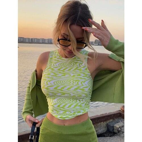 Aesthetics Striped Print Crop Tops Summer Streetwear Sleeveless Green Baby Tanks Women Sexy Vests